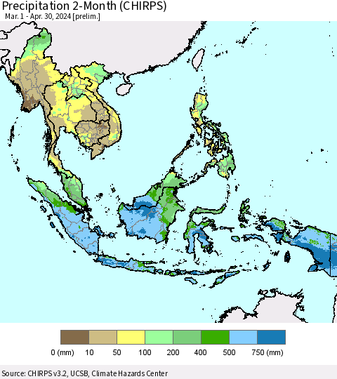 South East Asia Precipitation 2-Month (CHIRPS) Thematic Map For 3/1/2024 - 4/30/2024