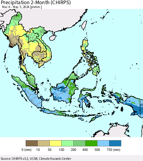 South East Asia Precipitation 2-Month (CHIRPS) Thematic Map For 3/6/2024 - 5/5/2024