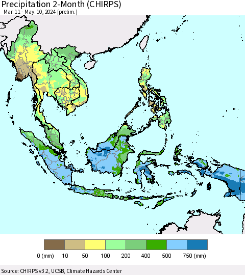 South East Asia Precipitation 2-Month (CHIRPS) Thematic Map For 3/11/2024 - 5/10/2024