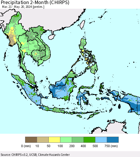 South East Asia Precipitation 2-Month (CHIRPS) Thematic Map For 3/21/2024 - 5/20/2024