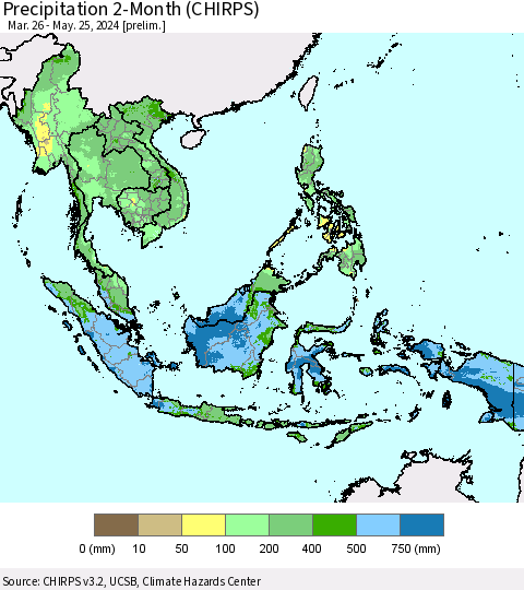 South East Asia Precipitation 2-Month (CHIRPS) Thematic Map For 3/26/2024 - 5/25/2024
