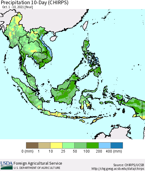 South East Asia Precipitation 10-Day (CHIRPS) Thematic Map For 10/1/2021 - 10/10/2021