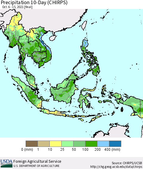 South East Asia Precipitation 10-Day (CHIRPS) Thematic Map For 10/6/2021 - 10/15/2021
