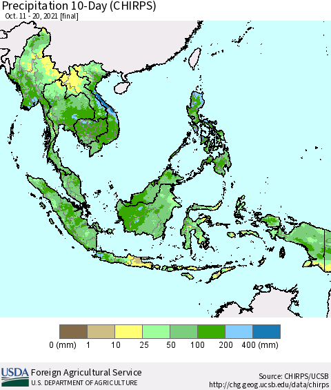 South East Asia Precipitation 10-Day (CHIRPS) Thematic Map For 10/11/2021 - 10/20/2021