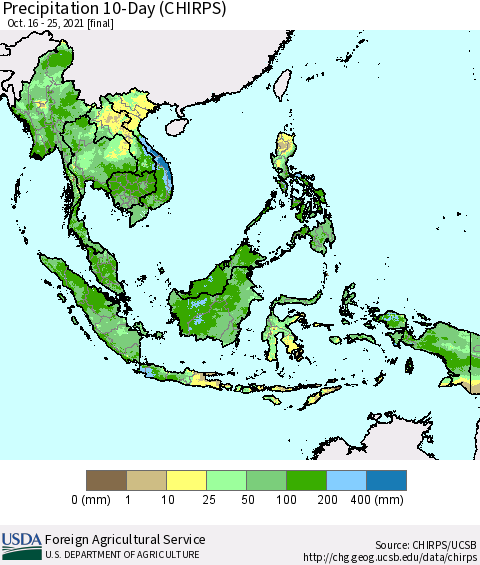 South East Asia Precipitation 10-Day (CHIRPS) Thematic Map For 10/16/2021 - 10/25/2021