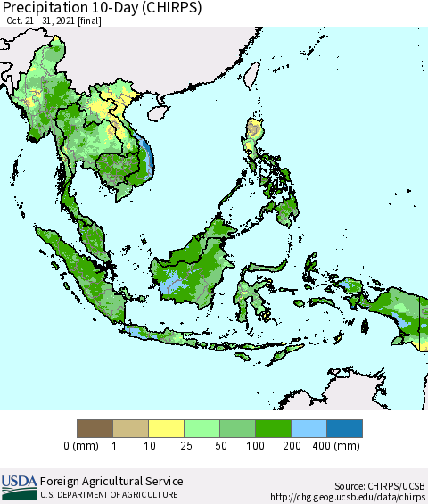 South East Asia Precipitation 10-Day (CHIRPS) Thematic Map For 10/21/2021 - 10/31/2021