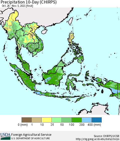 South East Asia Precipitation 10-Day (CHIRPS) Thematic Map For 10/26/2021 - 11/5/2021