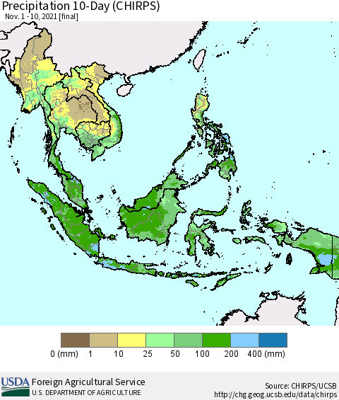 South East Asia Precipitation 10-Day (CHIRPS) Thematic Map For 11/1/2021 - 11/10/2021