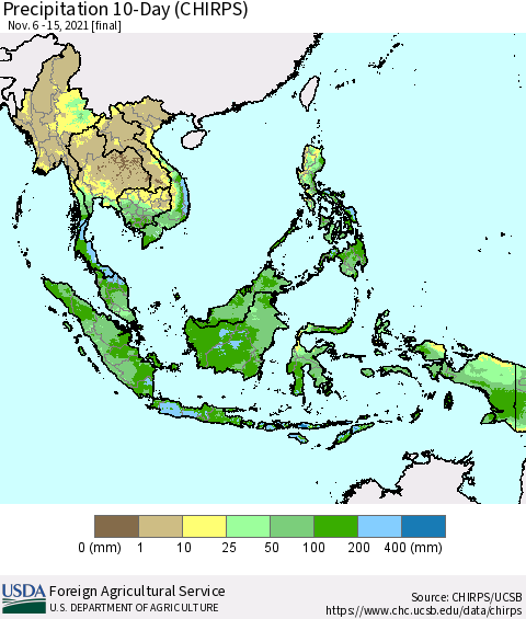 South East Asia Precipitation 10-Day (CHIRPS) Thematic Map For 11/6/2021 - 11/15/2021