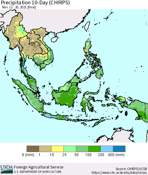 South East Asia Precipitation 10-Day (CHIRPS) Thematic Map For 11/11/2021 - 11/20/2021
