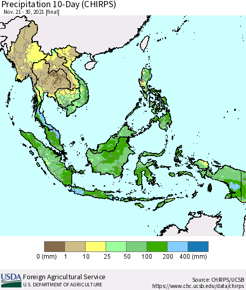 South East Asia Precipitation 10-Day (CHIRPS) Thematic Map For 11/21/2021 - 11/30/2021