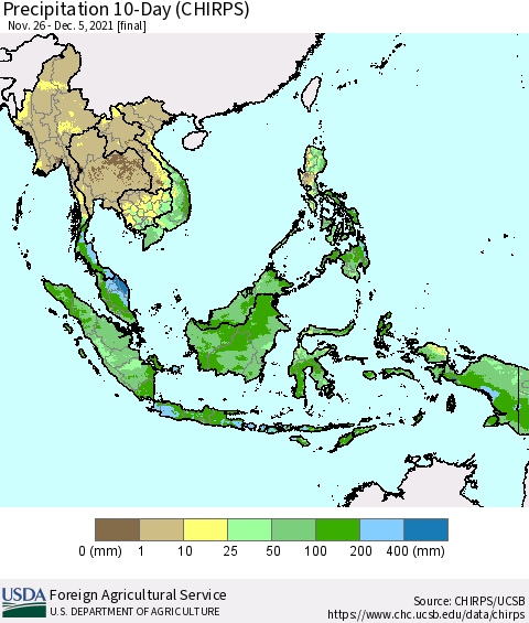 South East Asia Precipitation 10-Day (CHIRPS) Thematic Map For 11/26/2021 - 12/5/2021