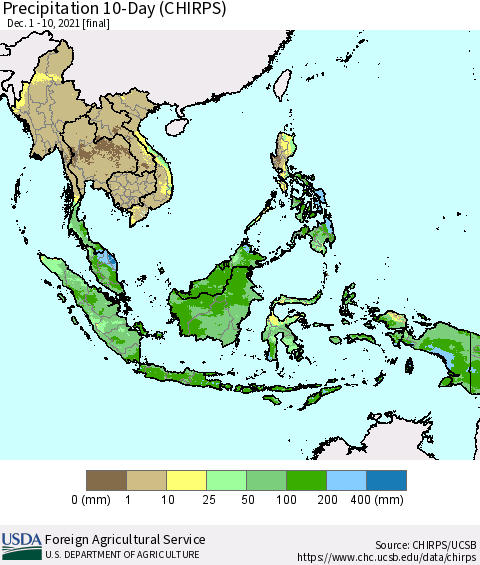 South East Asia Precipitation 10-Day (CHIRPS) Thematic Map For 12/1/2021 - 12/10/2021