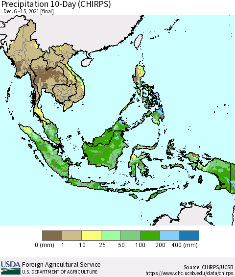South East Asia Precipitation 10-Day (CHIRPS) Thematic Map For 12/6/2021 - 12/15/2021