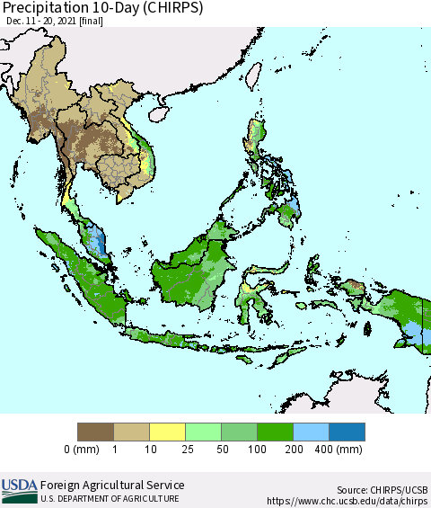 South East Asia Precipitation 10-Day (CHIRPS) Thematic Map For 12/11/2021 - 12/20/2021