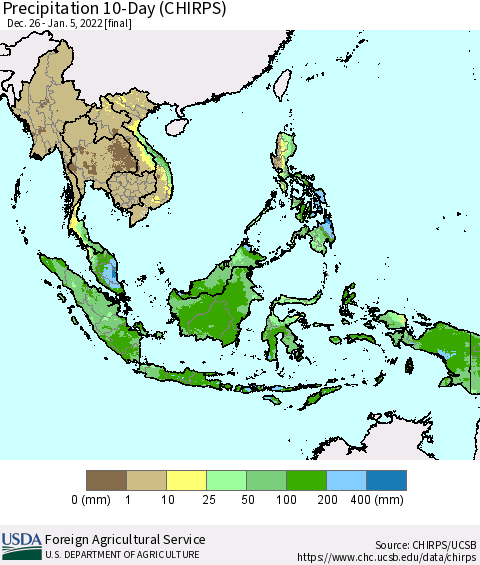 South East Asia Precipitation 10-Day (CHIRPS) Thematic Map For 12/26/2021 - 1/5/2022