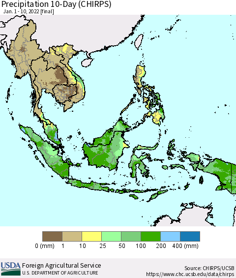 South East Asia Precipitation 10-Day (CHIRPS) Thematic Map For 1/1/2022 - 1/10/2022