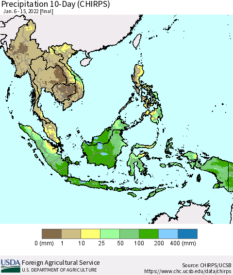 South East Asia Precipitation 10-Day (CHIRPS) Thematic Map For 1/6/2022 - 1/15/2022