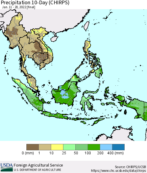 South East Asia Precipitation 10-Day (CHIRPS) Thematic Map For 1/11/2022 - 1/20/2022