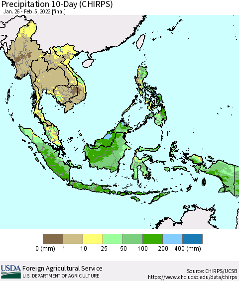 South East Asia Precipitation 10-Day (CHIRPS) Thematic Map For 1/26/2022 - 2/5/2022