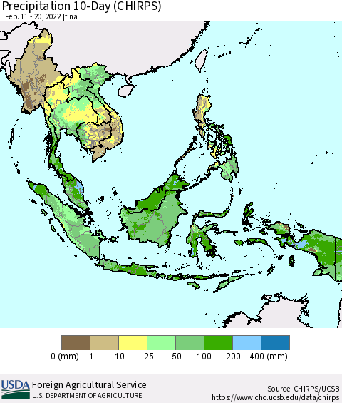 South East Asia Precipitation 10-Day (CHIRPS) Thematic Map For 2/11/2022 - 2/20/2022