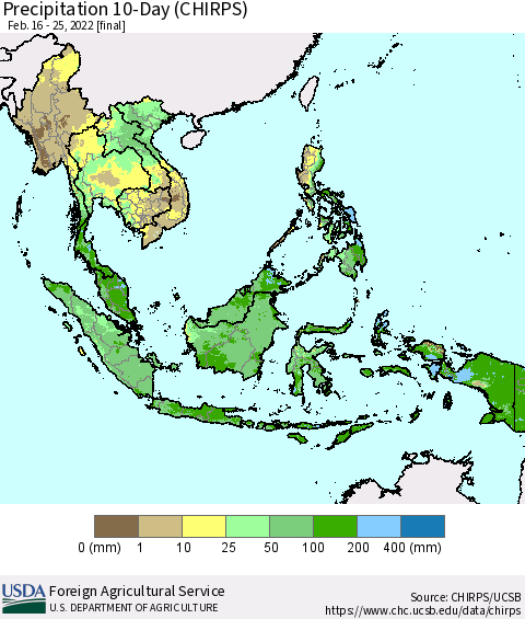 South East Asia Precipitation 10-Day (CHIRPS) Thematic Map For 2/16/2022 - 2/25/2022