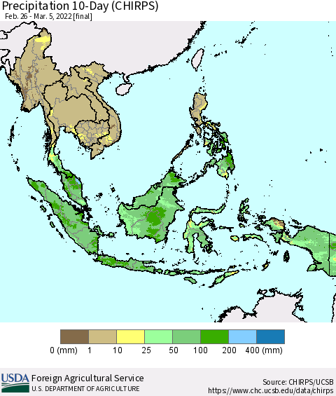South East Asia Precipitation 10-Day (CHIRPS) Thematic Map For 2/26/2022 - 3/5/2022