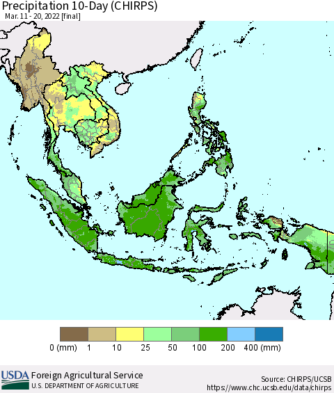 South East Asia Precipitation 10-Day (CHIRPS) Thematic Map For 3/11/2022 - 3/20/2022