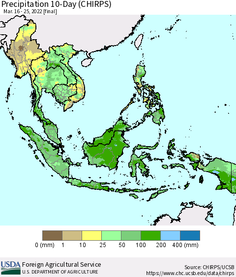 South East Asia Precipitation 10-Day (CHIRPS) Thematic Map For 3/16/2022 - 3/25/2022