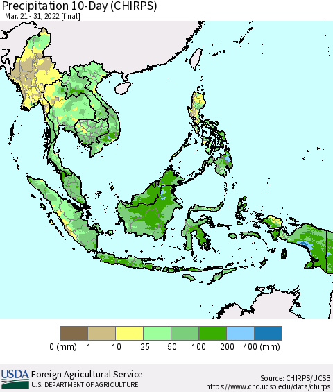 South East Asia Precipitation 10-Day (CHIRPS) Thematic Map For 3/21/2022 - 3/31/2022
