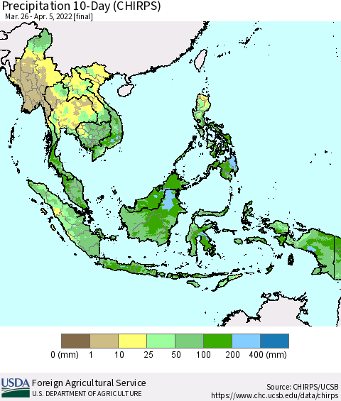 South East Asia Precipitation 10-Day (CHIRPS) Thematic Map For 3/26/2022 - 4/5/2022