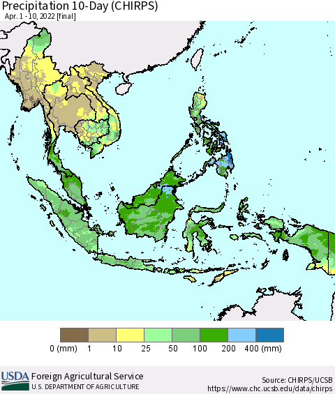 South East Asia Precipitation 10-Day (CHIRPS) Thematic Map For 4/1/2022 - 4/10/2022