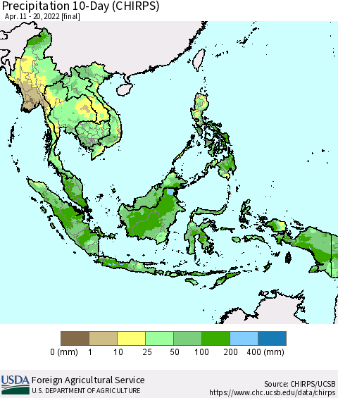 South East Asia Precipitation 10-Day (CHIRPS) Thematic Map For 4/11/2022 - 4/20/2022