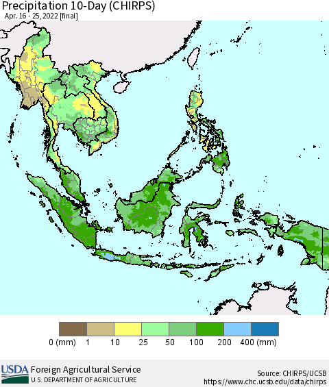 South East Asia Precipitation 10-Day (CHIRPS) Thematic Map For 4/16/2022 - 4/25/2022