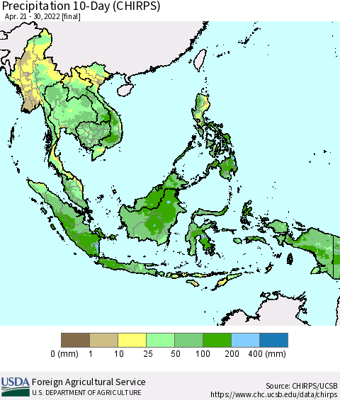 South East Asia Precipitation 10-Day (CHIRPS) Thematic Map For 4/21/2022 - 4/30/2022