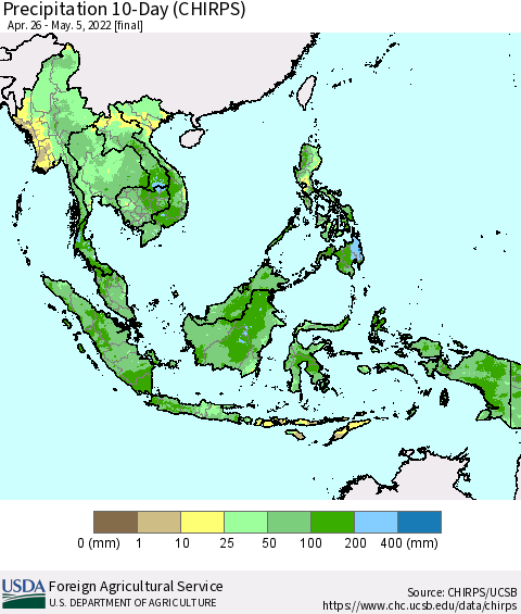 South East Asia Precipitation 10-Day (CHIRPS) Thematic Map For 4/26/2022 - 5/5/2022