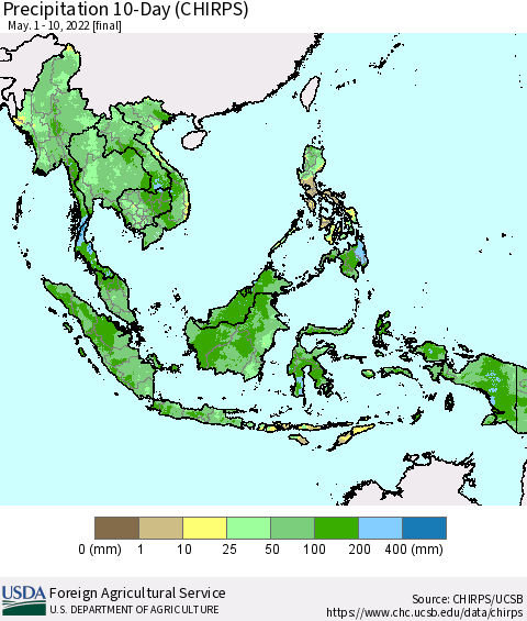 South East Asia Precipitation 10-Day (CHIRPS) Thematic Map For 5/1/2022 - 5/10/2022