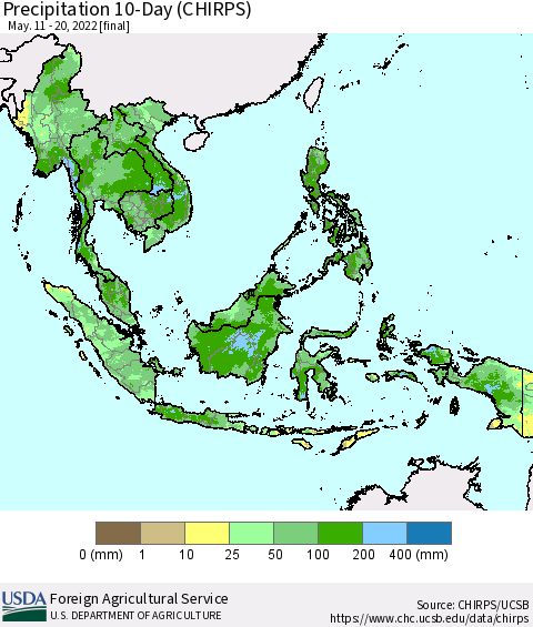 South East Asia Precipitation 10-Day (CHIRPS) Thematic Map For 5/11/2022 - 5/20/2022