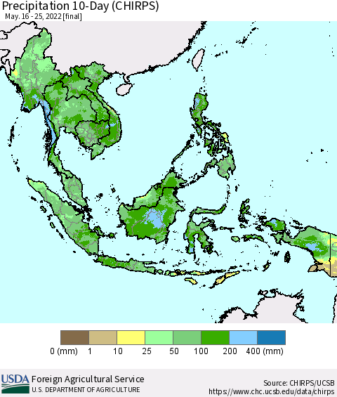 South East Asia Precipitation 10-Day (CHIRPS) Thematic Map For 5/16/2022 - 5/25/2022