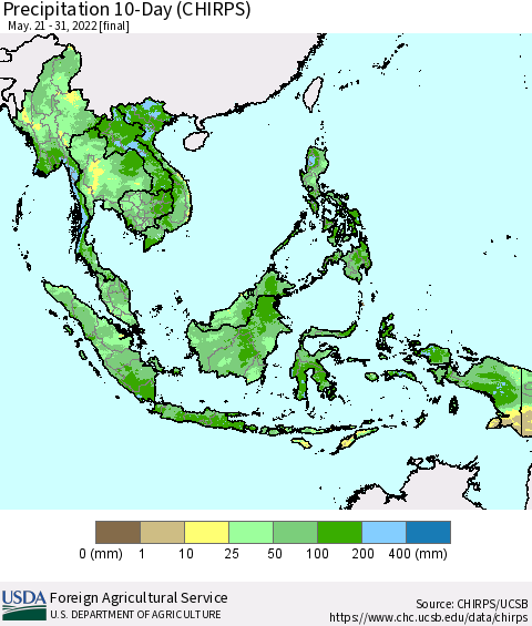 South East Asia Precipitation 10-Day (CHIRPS) Thematic Map For 5/21/2022 - 5/31/2022