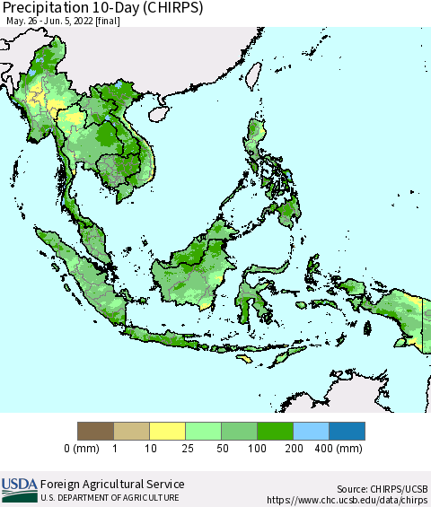South East Asia Precipitation 10-Day (CHIRPS) Thematic Map For 5/26/2022 - 6/5/2022