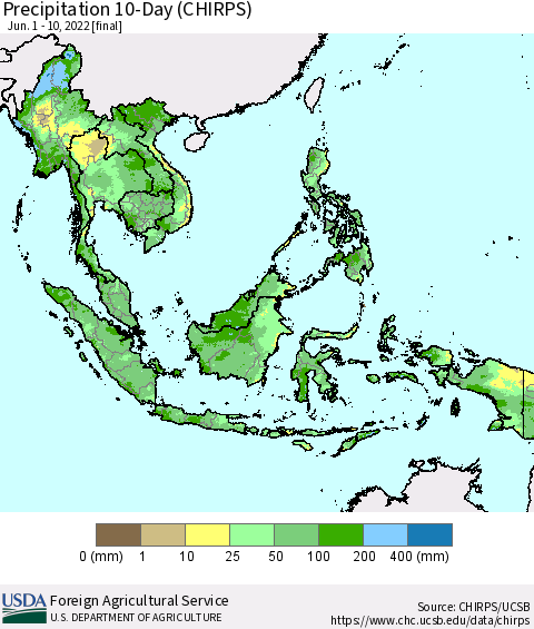 South East Asia Precipitation 10-Day (CHIRPS) Thematic Map For 6/1/2022 - 6/10/2022