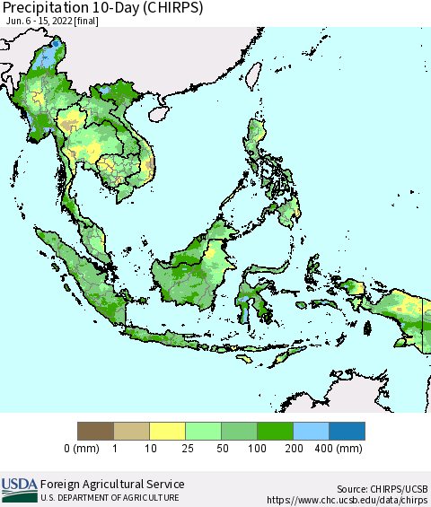 South East Asia Precipitation 10-Day (CHIRPS) Thematic Map For 6/6/2022 - 6/15/2022