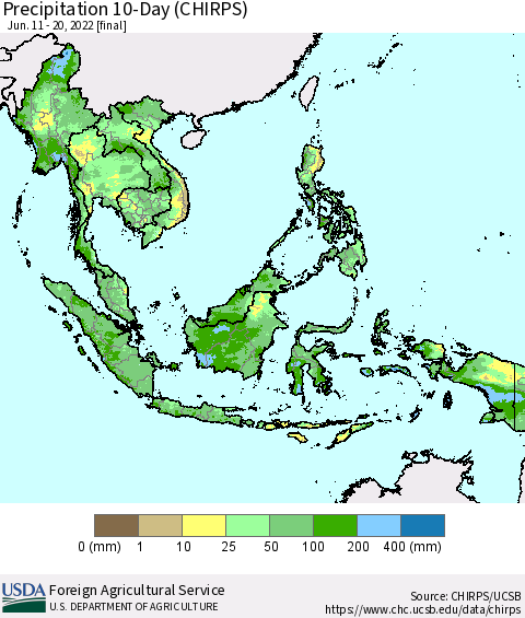South East Asia Precipitation 10-Day (CHIRPS) Thematic Map For 6/11/2022 - 6/20/2022