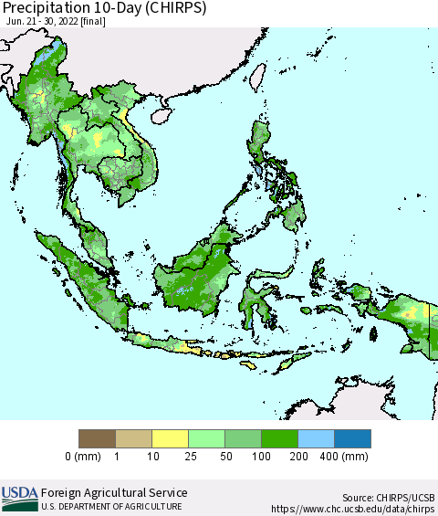 South East Asia Precipitation 10-Day (CHIRPS) Thematic Map For 6/21/2022 - 6/30/2022