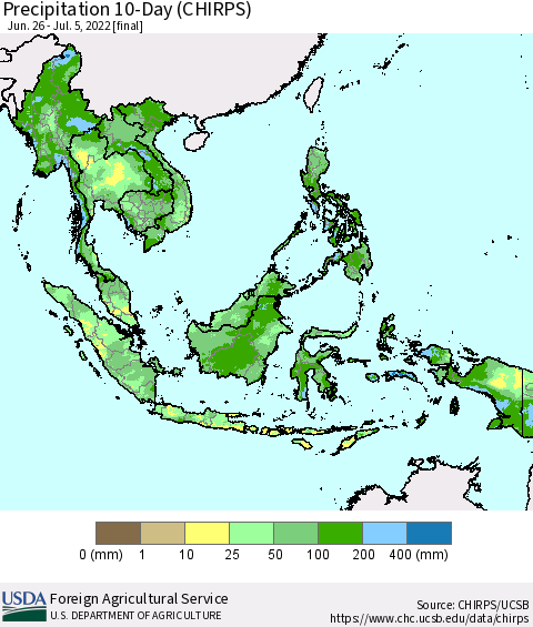 South East Asia Precipitation 10-Day (CHIRPS) Thematic Map For 6/26/2022 - 7/5/2022