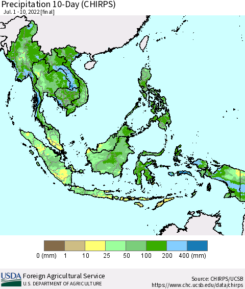 South East Asia Precipitation 10-Day (CHIRPS) Thematic Map For 7/1/2022 - 7/10/2022