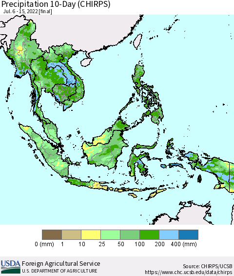 South East Asia Precipitation 10-Day (CHIRPS) Thematic Map For 7/6/2022 - 7/15/2022