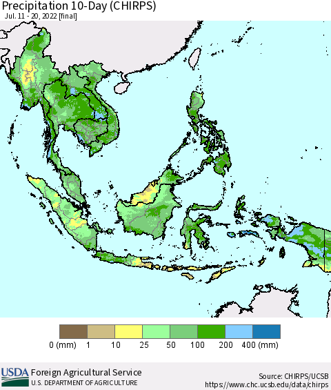 South East Asia Precipitation 10-Day (CHIRPS) Thematic Map For 7/11/2022 - 7/20/2022