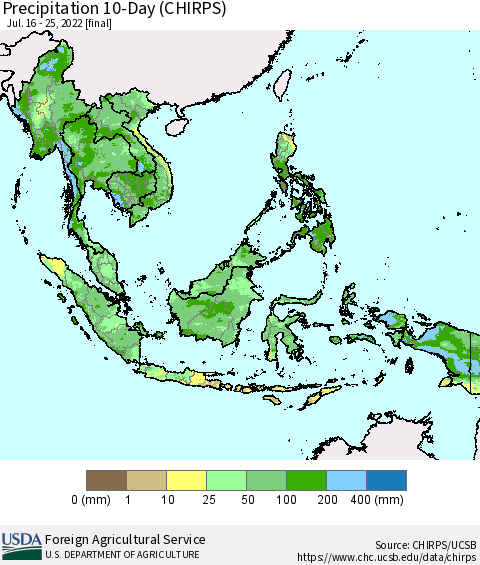 South East Asia Precipitation 10-Day (CHIRPS) Thematic Map For 7/16/2022 - 7/25/2022